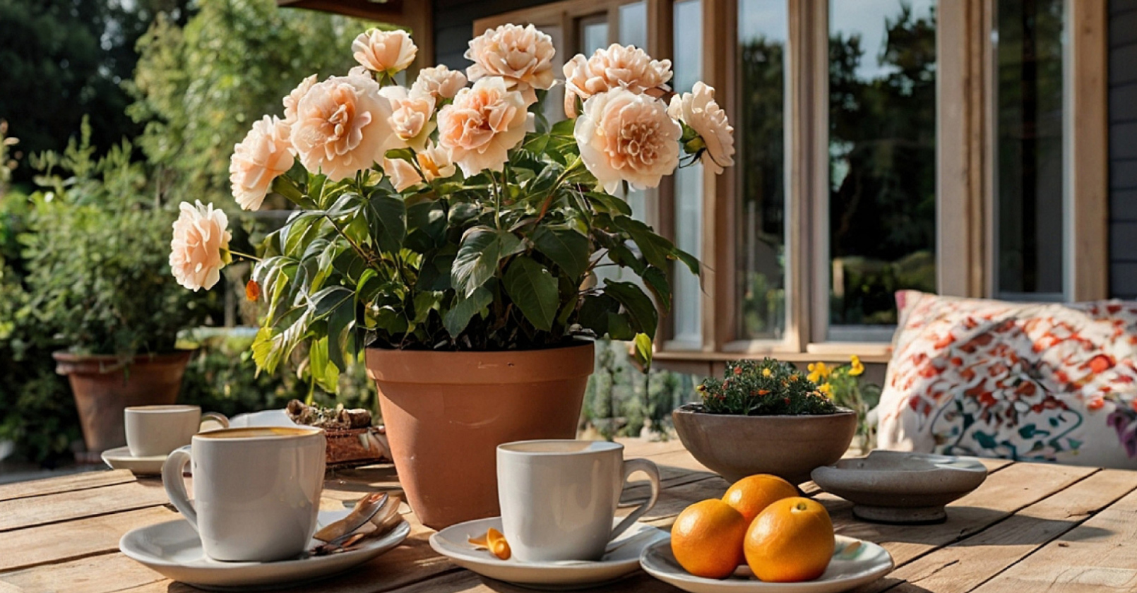 Gartentisch mit Blumen, Tassen und Orangen.